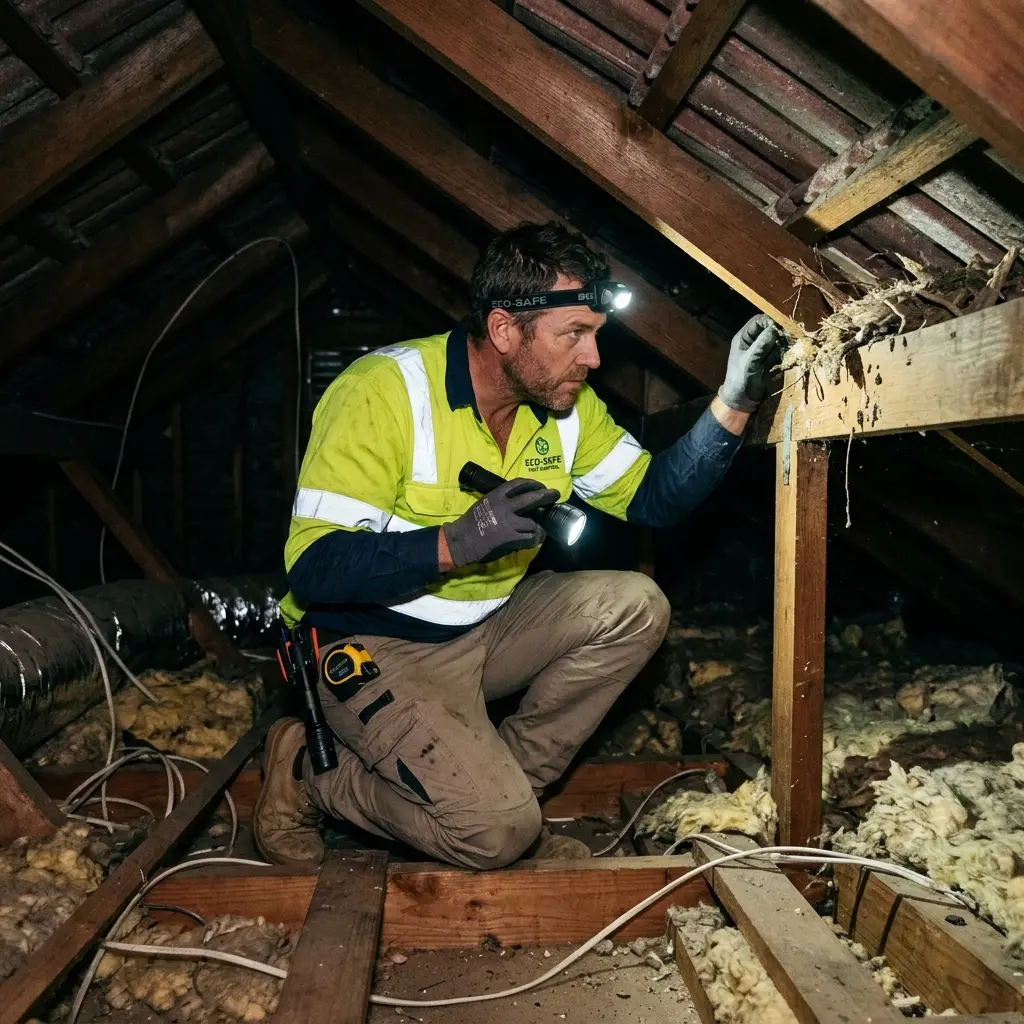 Technician inspecting a roof cavity for a dead animal in Silvan